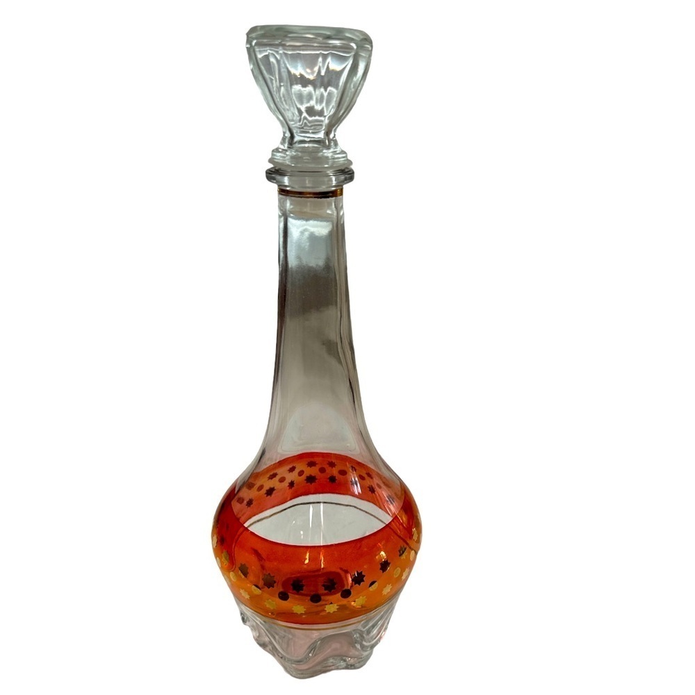 Vintage MCM cranberry clear and gold decanter stars & moon pattern